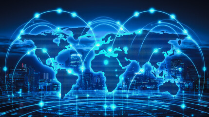 abstract business connection of line from nail node to node on world map background Innovation network points Earth's surface