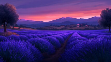 Fototapeta premium Lavender Field at Sunset with Distant Mountains and Trees