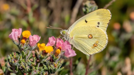 Obraz premium Pale Yellow Butterfly on Pink and Yellow Flowers.
