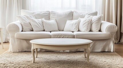 Fototapeta premium White Sofa With Pillows And Coffee Table In Bright Room