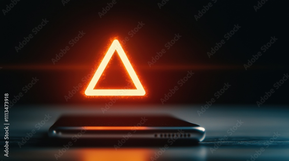 Poster close-up of glowing warning notification on smartphone display in dark environment