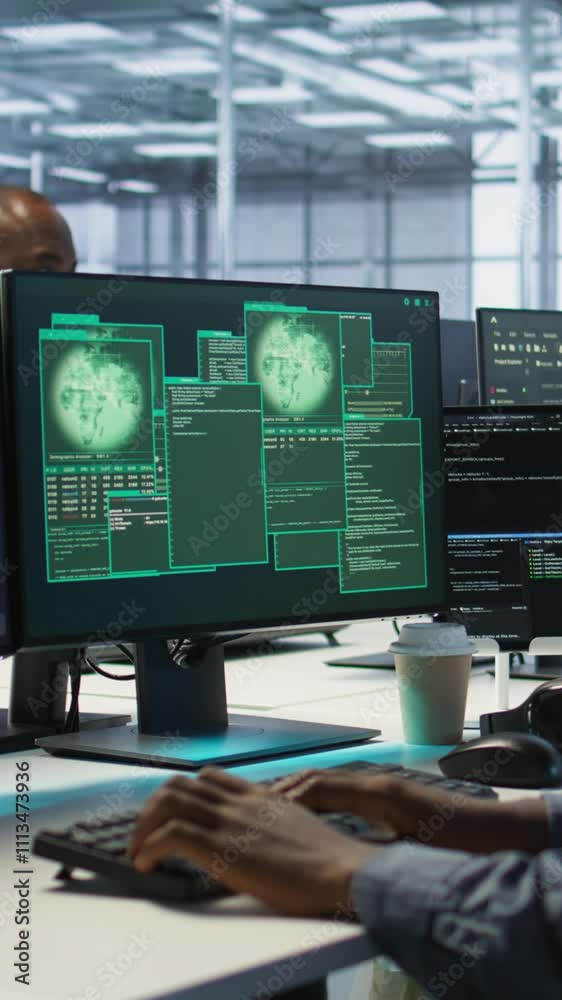 Poster vertical video software developers in server hub trying to protect gear from hacker stealing data. d