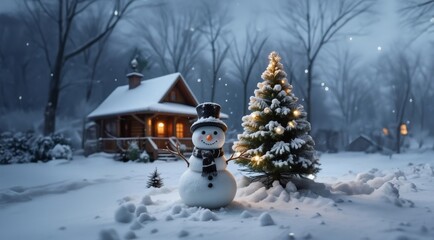 Naklejka premium Merry christmas and happy new year. Snowman on the snowy winter background.