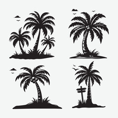 Fototapeta premium Black palm trees set isolated on white background. Palm silhouettes. Design of palm trees for posters, banners and promotional items. Vector illustration