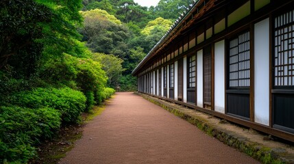 A serene pathway through an ancient grove traditional architecture tranquil garden natural setting peaceful atmosphere harmony with nature