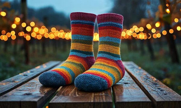 Colorful striped socks on a wooden surface with a blurred background of lights.