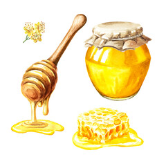 Sweet honey set, fresh raw honeycomb with glass jar and wooden dipper. Watercolor hand drawn illustration isolated on white background
