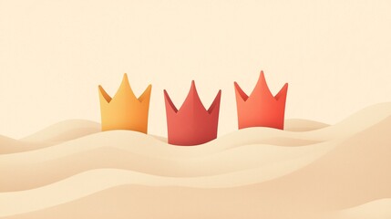minimalistic design featuring three crowns on a desert sand backdrop