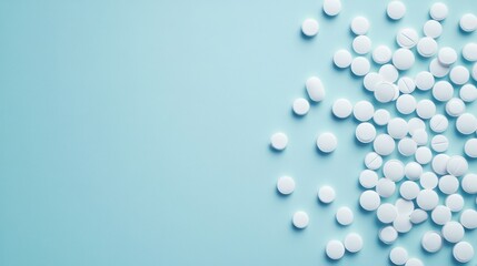 White pills scattered on a light blue background, leaving copy space.