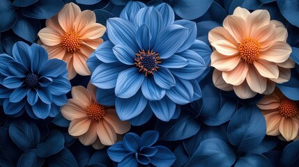 Obraz premium Vibrant blue and peach flowers with lush leaves in artistic display
