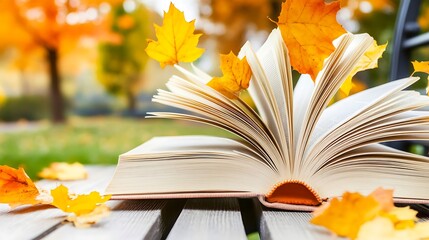 Open Book With Autumn Leaves In Park Setting