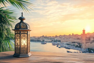 A lantern is placed on a wooden table with a beautiful background for the Muslim feast of the holy...