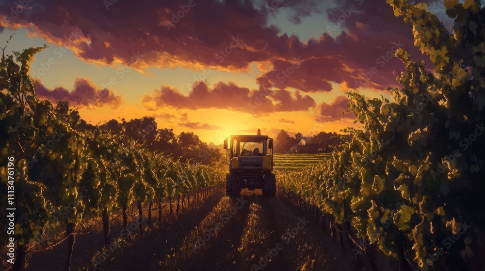 Poster a tractor works diligently in a vineyard as the sun sets behind the horizon, casting warm hues acros