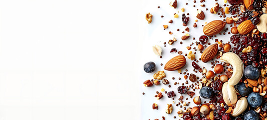 Fototapeta premium Mix of nuts and dry fruits on white background, Generative AI technology