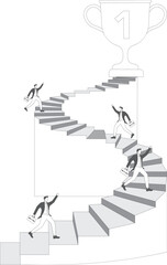 Fototapeta premium Motivated by the drive for success, the quest for success, achievement, benefits and rewards, the business competition, isometric four businessmen climb the stairs to reach the huge trophies