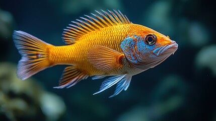 Fototapeta premium Vibrant orange fish with blue markings in natural underwater habitat
