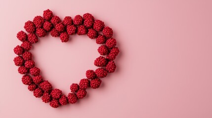Obraz premium A heart shape made of red raspberries against a soft pink background, symbolizing love and sweetness.