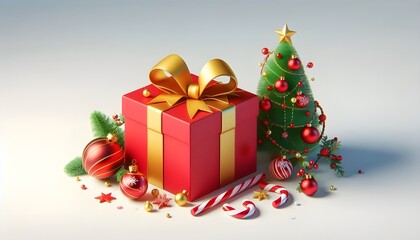 Red gift box with yellow ribbon, Christmas tree, candy canes, and ornaments on white background. Concept of festive holiday celebration. 3D Rendering
