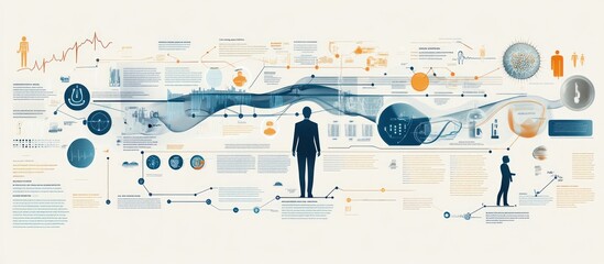 A complex diagram with a blue, wavy line connecting various circles and icons, representing data flow, process, and technology.