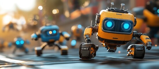 A group of small, friendly robots with glowing blue eyes walk in a line on a city street.