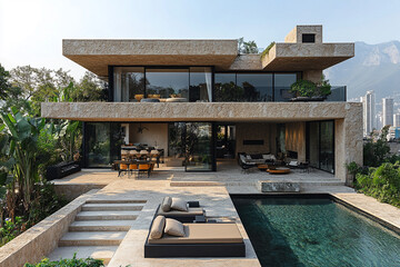 Fototapeta premium Modern Stone House With Pool And City View