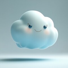 Happy Cloud Character: A cheerful, light blue 3D rendered cartoon cloud with a smiling face floats against a soft, light blue background. Perfect for children's products, branding.