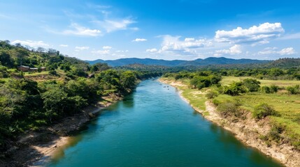 Traditional fishing practices by a serene riverbank villagers in nature scenic landscape peaceful environment aerial view cultural heritage