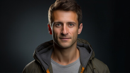 Man in his 40s with handsome face, average physique, slightly smiling without teeth visible, dark eyes, and a relaxed outfit in a t-shirt and jacket. Dark background