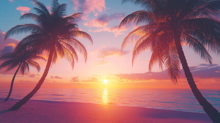 Golden Tropics with Sunset Among Palms. A golden sun dips into the horizon, painting the tropical sky with hues of pink and orange, framed by lush palm trees and the tranquil sea.