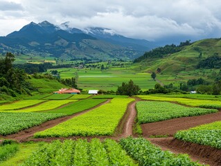 Fototapeta premium Exploring a remote hillside settlement surrounded by patchwork fields rural landscape nature's beauty serene environment scenic viewpoint