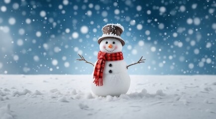 Fototapeta premium Funny snowman in a hat against the background of snow. Merry christmas and happy new year. Snowman on the snowy winter background.
