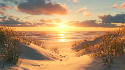 Sunset Glow Over Coastal Sands. A captivating view of the setting sun over sandy dunes, blending warm tones and shadows, offering a peaceful coastal retreat