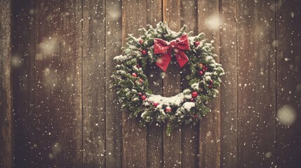 Snow covered Christmas wreath on wooden door