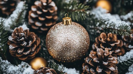 Glittering Ornament Nestled Among Snow Covered Pine Cones