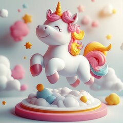 Naklejka premium Magical Unicorn Soaring Through Clouds: A whimsical 3D rendering of a cheerful unicorn soaring through a sky filled with fluffy clouds and twinkling stars. Perfect for children's books.