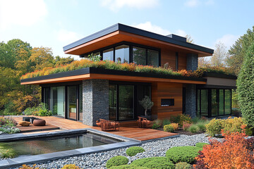 Obraz premium Modern House with Green Roof and Landscaped Garden
