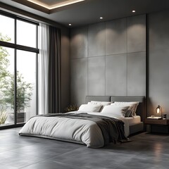 Modern Minimalist Bedroom with Cozy Bedding and Ambient Lighting. A Serene Retreat Featuring a Plush Bed, Soft Textiles, and Elegant Design Elements for Ultimate Comfort and Relaxation.