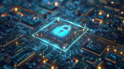 Fototapeta premium Close-up of glowing security padlock on a microchip circuit board with high-tech details