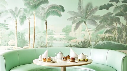 Mint Green Lounge with Tropical Mural and Afternoon Tea