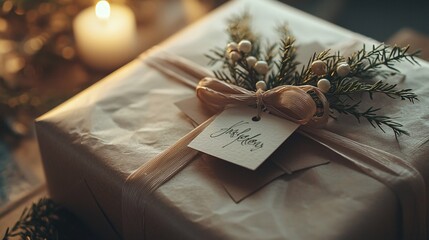 A close-up of an elegantly wrapped gift with a ribbon and a handmade card, ideal for expressing love and thoughtfulness to a dear friend or loved one.