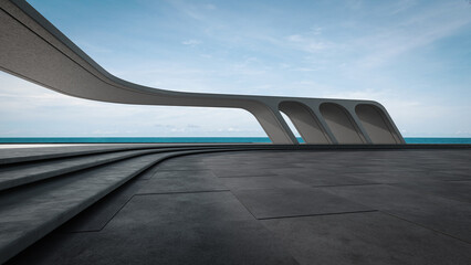 Abstract building with empty parking, concrete floor, and sea view. 3D rendering car scene background.