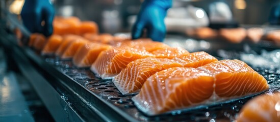 Fresh salmon fillets on a conveyor belt in a food processing plant.