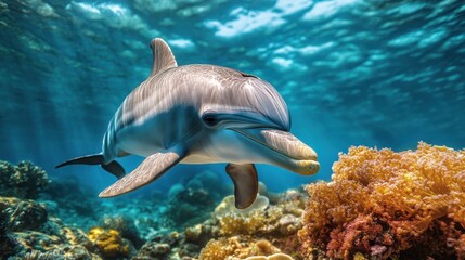 Obraz premium A Dolphin's Grace in a Vibrant Coral Reef