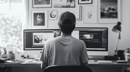Creative professional editing images on computer in home office