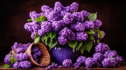 Fototapeta premium Lush purple lilacs in vase and basket against dark background