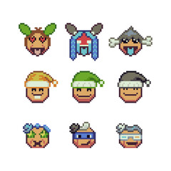 Naklejka premium Abstract funny face happy pixel art icon set, cheerful cartoon character. 8-bit flat style. Isolated abstract vector illustration. 