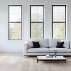 Fototapeta premium Minimalist living room design urban apartment interior design modern aesthetics wide angle serenity and organization