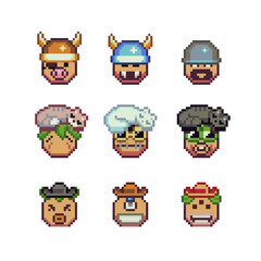 Naklejka premium Abstract funny face happy pixel art icon set, cheerful cartoon character. 8-bit flat style. Isolated abstract vector illustration. 