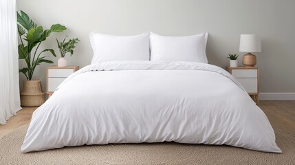 A serene bedroom setup featuring a clean white duvet home environment interior design minimalistic approach tranquil atmosphere
