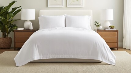 Elegant bedroom design featuring a symmetrical layout with clean white duvet bright space interior decor minimalist aesthetic calm vibes